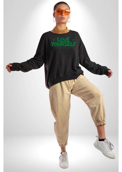 Sev Kendini Olumlu Bakış Açısı Yazılı Erkek Kadın Unisex Dijital Baskılı Siyah Sweatshirt