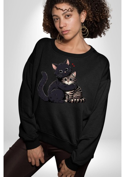 Gül Tasarım Wardiere Erkek Kadın Unisex Dijital Baskılı Siyah Sweatshirt