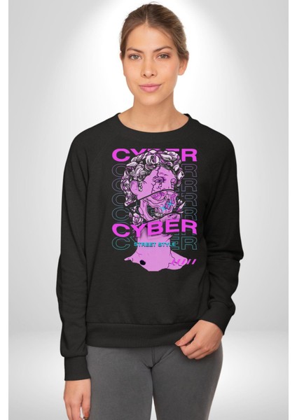 Siber Sokak Stili Erkek Kadın Unisex Dijital Baskılı Siyah Sweatshirt