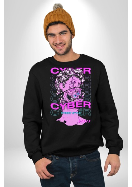 Siber Sokak Stili Erkek Kadın Unisex Dijital Baskılı Siyah Sweatshirt