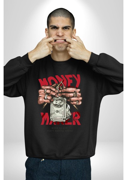 Uyan ve Para Kazanmaya Başla Sokak Style Erkek Kadın Unisex Dijital Baskılı Siyah Sweatshirt