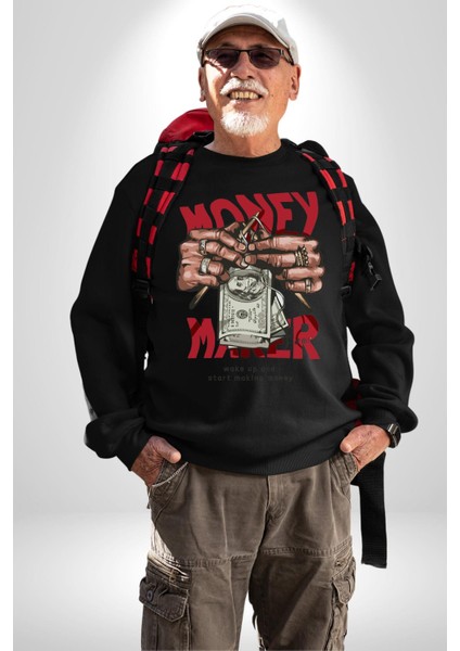 Uyan ve Para Kazanmaya Başla Sokak Style Erkek Kadın Unisex Dijital Baskılı Siyah Sweatshirt