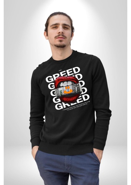 Dudak Dolar Açgözlülük Simgesi Erkek Kadın Unisex Dijital Baskılı Siyah Sweatshirt