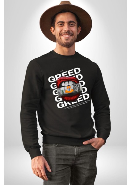 Dudak Dolar Açgözlülük Simgesi Erkek Kadın Unisex Dijital Baskılı Siyah Sweatshirt