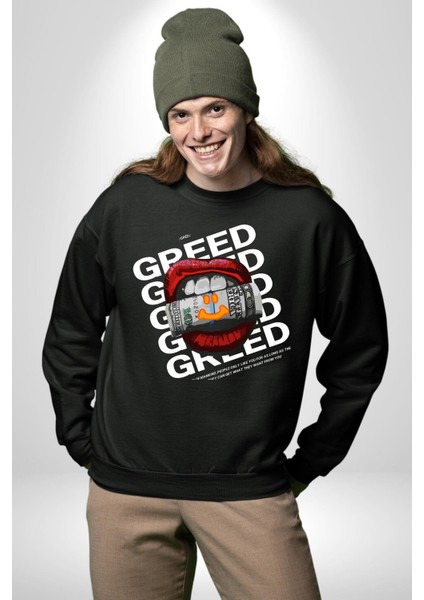 Dudak Dolar Açgözlülük Simgesi Erkek Kadın Unisex Dijital Baskılı Siyah Sweatshirt
