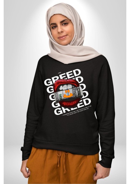 Dudak Dolar Açgözlülük Simgesi Erkek Kadın Unisex Dijital Baskılı Siyah Sweatshirt