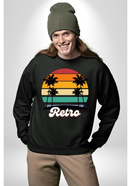 Retro Palmiye Güneş 80 90 Erkek Kadın Unisex Dijital Baskılı Siyah Sweatshirt