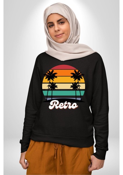 Retro Palmiye Güneş 80 90 Erkek Kadın Unisex Dijital Baskılı Siyah Sweatshirt