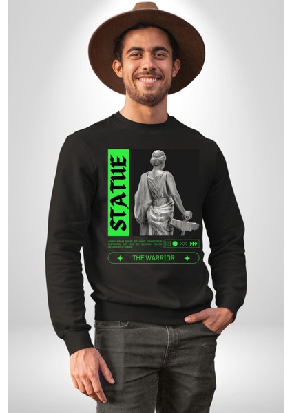 Sokak Sitili Heykel Kadın Savaşcı Erkek Kadın Unisex Dijital Baskılı Siyah Sweatshirt