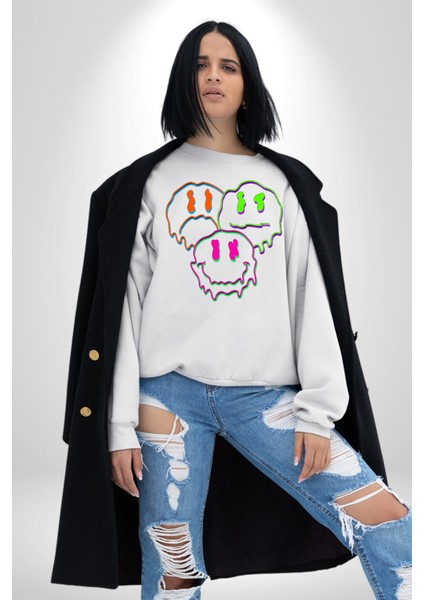 Neon Kafatası Gülen Somurtgan Eriyen Emoji Erkek Kadın Unisex Dijital Baskılı Beyaz Sweatshirt