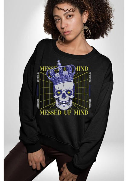 Adil Zihin Karışın Zihin Kral Iskelet Erkek Kadın Unisex Dijital Baskılı Siyah Sweatshirt