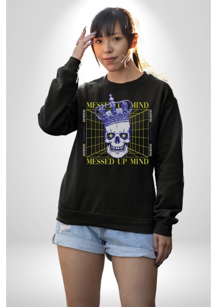 Adil Zihin Karışın Zihin Kral Iskelet Erkek Kadın Unisex Dijital Baskılı Siyah Sweatshirt