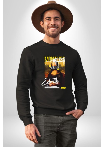 Monalisa Elektrik Özel Yapay Zeka Tasarımı Erkek Kadın Unisex Dijital Baskılı Siyah Sweatshirt