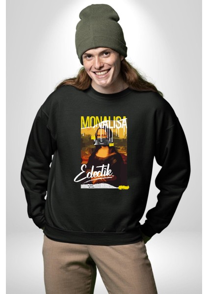 Monalisa Elektrik Özel Yapay Zeka Tasarımı Erkek Kadın Unisex Dijital Baskılı Siyah Sweatshirt