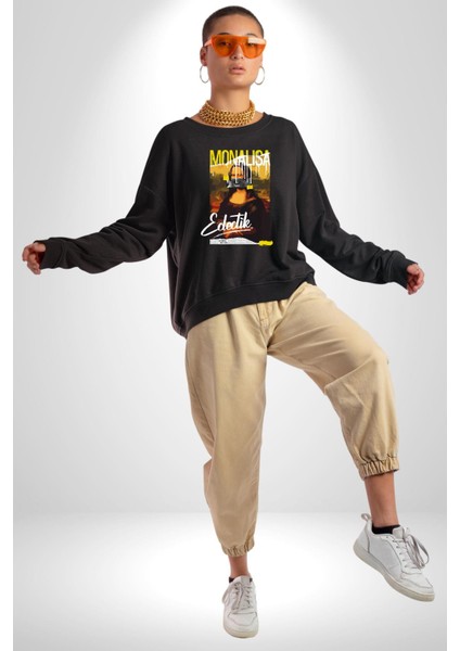 Monalisa Elektrik Özel Yapay Zeka Tasarımı Erkek Kadın Unisex Dijital Baskılı Siyah Sweatshirt
