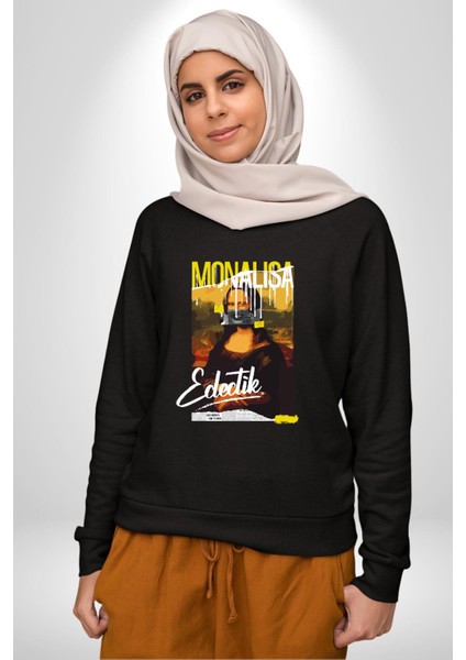 Monalisa Elektrik Özel Yapay Zeka Tasarımı Erkek Kadın Unisex Dijital Baskılı Siyah Sweatshirt