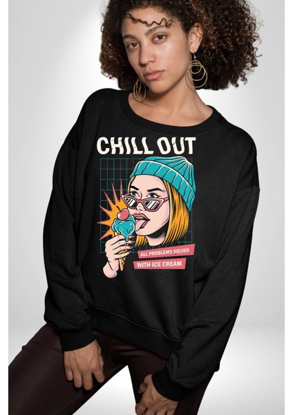 Sakin Ol Tüm Sorunlar Çözüldü Dondurma Ile Erkek Kadın Unisex Dijital Baskılı Siyah Sweatshirt