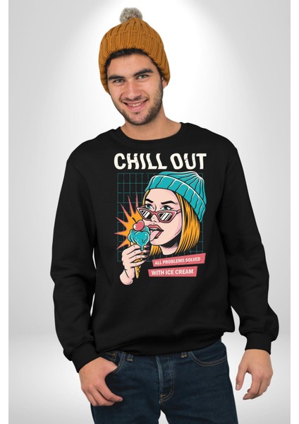 Sakin Ol Tüm Sorunlar Çözüldü Dondurma Ile Erkek Kadın Unisex Dijital Baskılı Siyah Sweatshirt