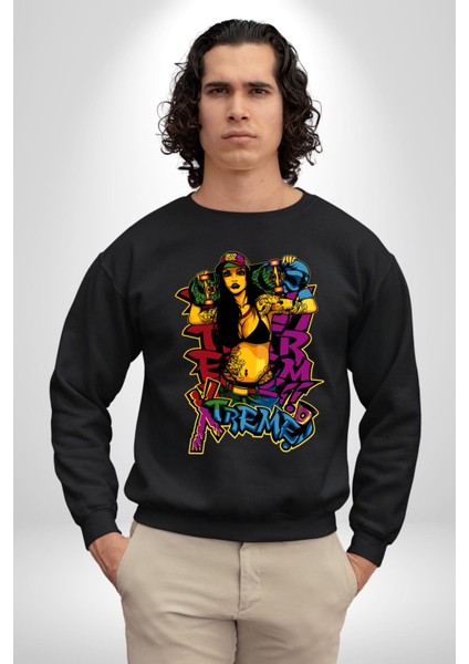 Kayakcı Kız Erkek Kadın Unisex Dijital Baskılı Siyah Sweatshirt