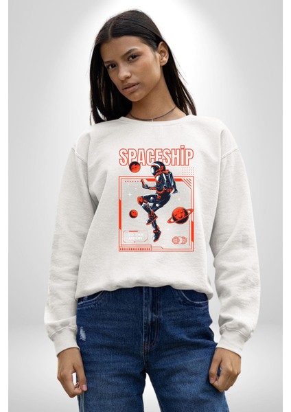 Astronot Gezegen Uzay Aracı Erkek Kadın Unisex Dijital Baskılı Beyaz Sweatshirt