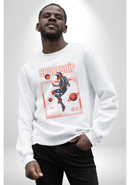 Astronot Gezegen Uzay Aracı Erkek Kadın Unisex Dijital Baskılı Beyaz Sweatshirt