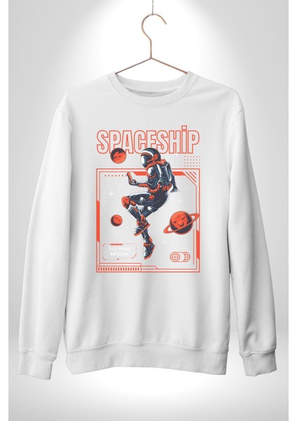 Astronot Gezegen Uzay Aracı Erkek Kadın Unisex Dijital Baskılı Beyaz Sweatshirt