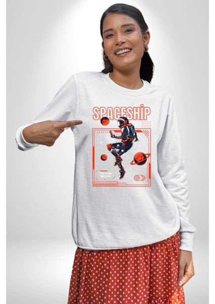Astronot Gezegen Uzay Aracı Erkek Kadın Unisex Dijital Baskılı Beyaz Sweatshirt