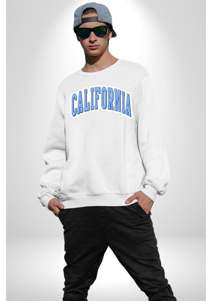 California Mavi Kollej Logo Erkek Kadın Unisex Dijital Baskılı Beyaz Sweatshirt fiyatları
