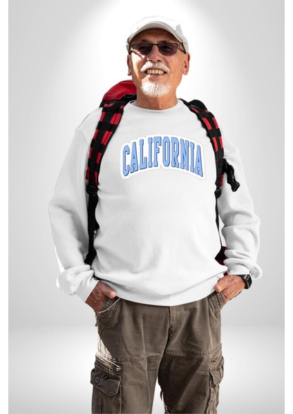 California Mavi Kollej Logo Erkek Kadın Unisex Dijital Baskılı Beyaz Sweatshirt modelleri