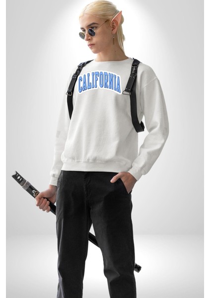 California Mavi Kollej Logo Erkek Kadın Unisex Dijital Baskılı Beyaz Sweatshirt indirimleri