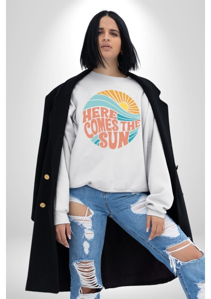 Yaz Tatili Güneş Geldi Tema Erkek Kadın Unisex Dijital Baskılı Beyaz Sweatshirt fiyatları