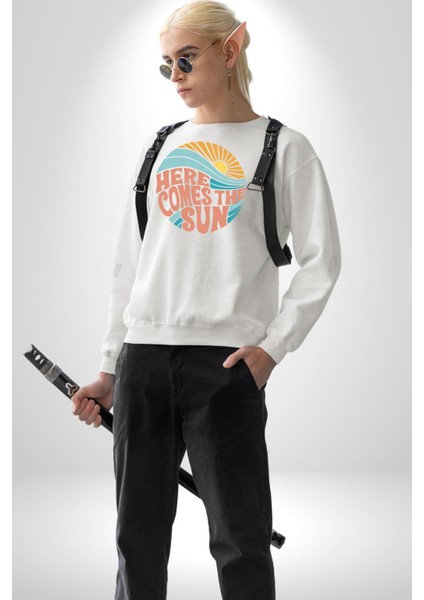 Yaz Tatili Güneş Geldi Tema Erkek Kadın Unisex Dijital Baskılı Beyaz Sweatshirt modelleri