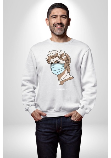 Medical Maske ve Sanat Uyumu Erkek Kadın Unisex Dijital Baskılı Beyaz Sweatshirt