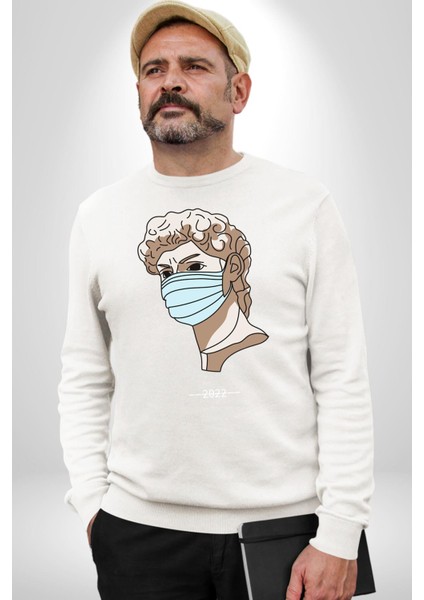 Medical Maske ve Sanat Uyumu Erkek Kadın Unisex Dijital Baskılı Beyaz Sweatshirt