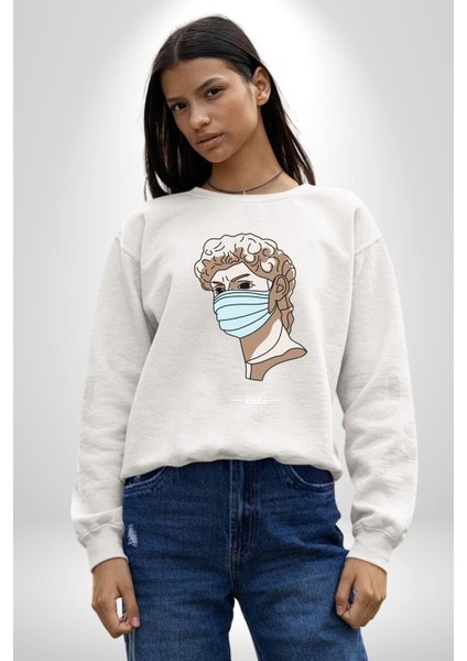 Medical Maske ve Sanat Uyumu Erkek Kadın Unisex Dijital Baskılı Beyaz Sweatshirt