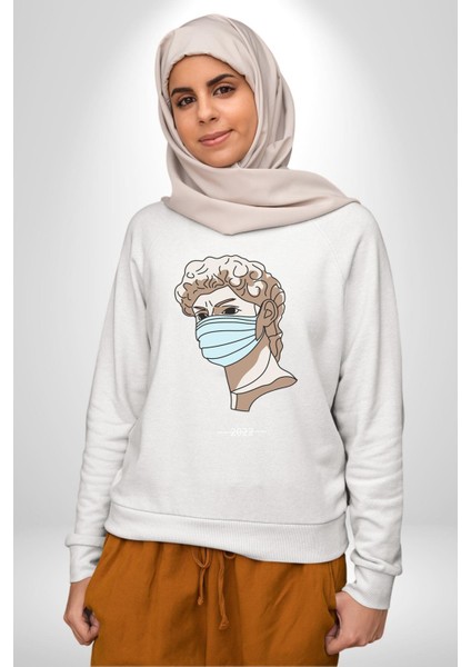 Medical Maske ve Sanat Uyumu Erkek Kadın Unisex Dijital Baskılı Beyaz Sweatshirt