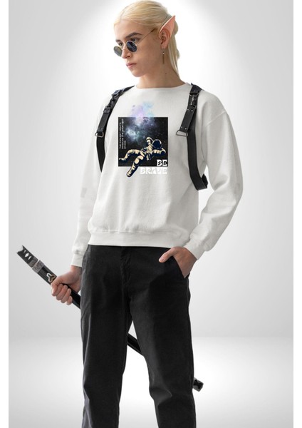 Astronot Cesur Ol Erkek Kadın Unisex Dijital Baskılı Beyaz Sweatshirt modelleri