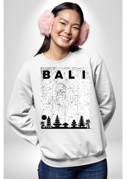 Bali Endonezya Erkek Kadın Unisex Dijital Baskılı Beyaz Sweatshirt