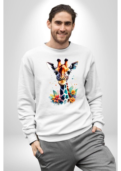 Yapay Zeka Sanat Zürafa Çiçekler Çizimi Erkek Kadın Unisex Dijital Baskılı Beyaz Sweatshirt