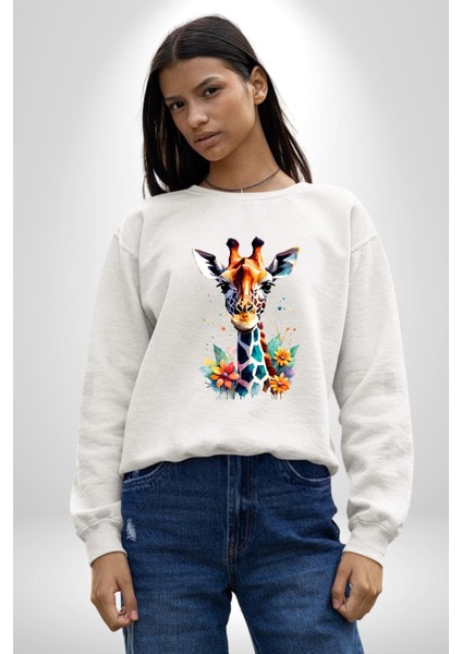 Yapay Zeka Sanat Zürafa Çiçekler Çizimi Erkek Kadın Unisex Dijital Baskılı Beyaz Sweatshirt