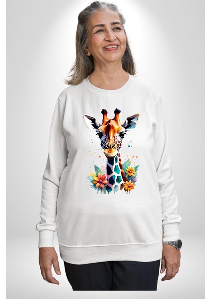 Yapay Zeka Sanat Zürafa Çiçekler Çizimi Erkek Kadın Unisex Dijital Baskılı Beyaz Sweatshirt
