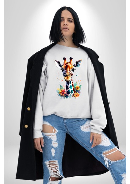 Yapay Zeka Sanat Zürafa Çiçekler Çizimi Erkek Kadın Unisex Dijital Baskılı Beyaz Sweatshirt