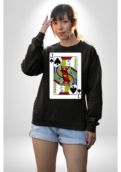 Jack Of Spades Klasik Iskambil Kartı Grafiği Erkek Kadın Unisex Dijital Baskılı Siyah Sweatshirt