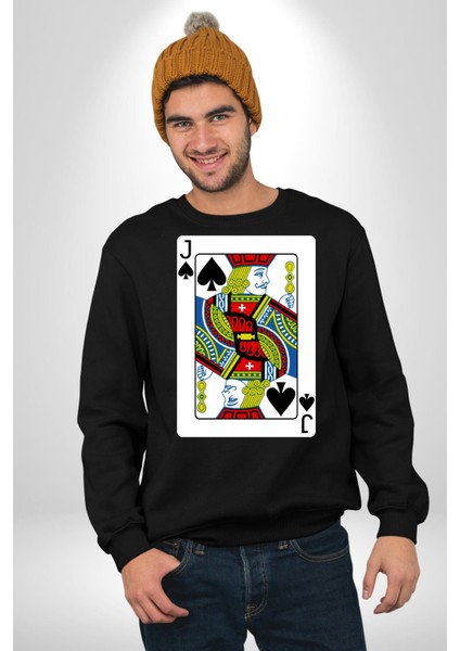 Jack Of Spades Klasik Iskambil Kartı Grafiği Erkek Kadın Unisex Dijital Baskılı Siyah Sweatshirt