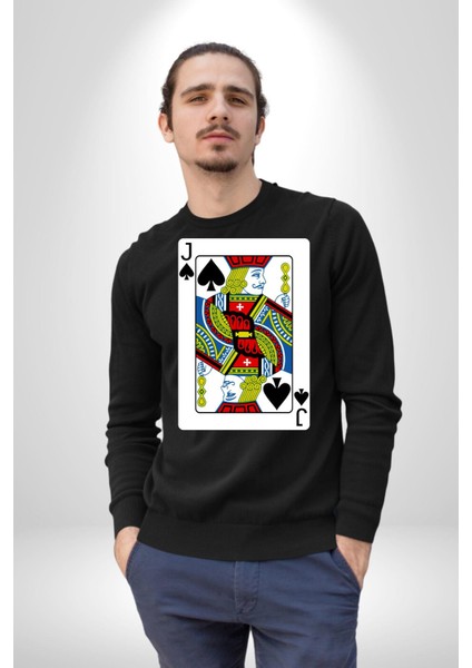 Jack Of Spades Klasik Iskambil Kartı Grafiği Erkek Kadın Unisex Dijital Baskılı Siyah Sweatshirt