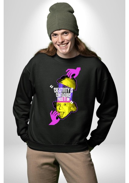 Einstein Retro Dil Çıkarma Devam Ettir Erkek Kadın Unisex Dijital Baskılı Siyah Sweatshirt