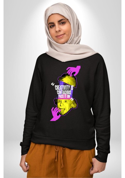 Einstein Retro Dil Çıkarma Devam Ettir Erkek Kadın Unisex Dijital Baskılı Siyah Sweatshirt