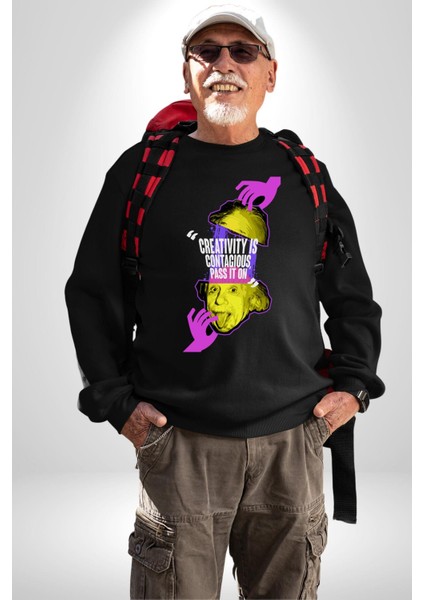Einstein Retro Dil Çıkarma Devam Ettir Erkek Kadın Unisex Dijital Baskılı Siyah Sweatshirt