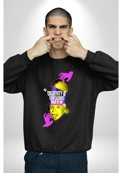 Einstein Retro Dil Çıkarma Devam Ettir Erkek Kadın Unisex Dijital Baskılı Siyah Sweatshirt