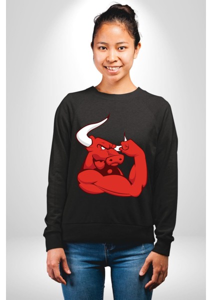 Kırmızı Boğa Maskotu Erkek Kadın Unisex Dijital Baskılı Siyah Sweatshirt